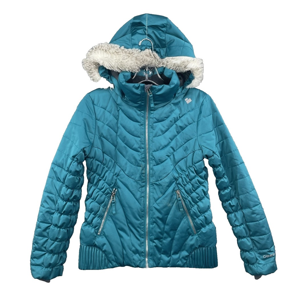 Obermeyer Ski Snow Jacket Girl Medium 10-12 Ruched Puffer Faux Fur Snowboard Y2K